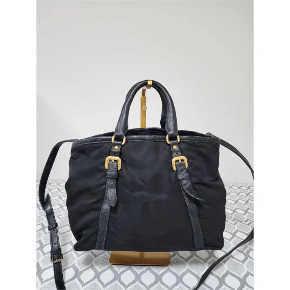 Authentic Prada Nylon and Leather Satchel Bag Black